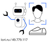 Robot with antennas and mechanical arm scans human face within digital frame and analyzes 3D object. Ideal for technology, facial recognition, AI applications, security systems, smart devices. AI Robot Utilizing Face Recognition Technology With 3D Object Scanning Capabilities. Стоковая иллюстрация, агентство Ingram Publishing / Фотобанк Лори