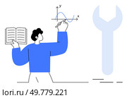 Man holding book, drawing graph on board with spanner symbol nearby. Ideal for education, engineering, technical tutorials, workshops, STEM programs, analytical thinking, instructional guides. Banner. Man with book drawing graph, large spanner illustration highlighting learning and technical skills. Стоковая иллюстрация, агентство Ingram Publishing / Фотобанк Лори