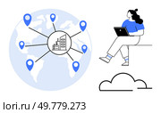 Woman with laptop connected to global network linking multiple locations. Ideal for remote work, global business, communication, technology, connectivity, international collaboration, digital. Remote worker leveraging global network connecting various locations for international business operations. Стоковая иллюстрация, агентство Ingram Publishing / Фотобанк Лори