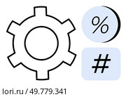 Gear icon beside percentage and metadata tag symbols. Ideal for engineering, mathematics, social media, data analysis, automation, productivity, and technology. Line metaphor. Gear with Percentage and metadata tag Symbols Representing Mechanics, Statistics, and Social Media. Стоковая иллюстрация, агентство Ingram Publishing / Фотобанк Лори