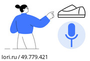 Person in blue top pointing at shoe illustration alongside a microphone icon. Ideal for voice command, technology integration, shopping apps, virtual assistant, user interaction, futuristic retail. Person Gesturing Towards Shoe Illustration with Microphone Symbol, Indicating Voice Command Technology. Стоковая иллюстрация, агентство Ingram Publishing / Фотобанк Лори