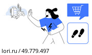 Woman turning away from unhealthy food like dairy, fish, and grains with a stop gesture, shopping cart and footsteps icons representing fitness and healthy choices. Ideal for wellness, health. Woman Avoiding Unhealthy Food with Shopping and Fitness Icons for Wellness and Health Awareness. Стоковая иллюстрация, агентство Ingram Publishing / Фотобанк Лори