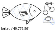 Large stylized fish with scale pattern cherry pair with leaf and stem briefcase with cord. Ideal for nutrition, marine life, agriculture, productivity, work-life balance, simplicity, iconography. Stylized fish with cherries and a briefcase, illustrating growth, nourishment, and work balance. Стоковая иллюстрация, агентство Ingram Publishing / Фотобанк Лори