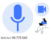 Woman sitting with laptop, large blue microphone and video camera icons. Ideal for virtual meetings, podcasts, webinars, online education, remote work, video conferencing, digital communication. Line. Woman Working on Laptop with Microphone and Video Camera Icons. Стоковая иллюстрация, агентство Ingram Publishing / Фотобанк Лори