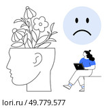 Flowers growing from head symbolizing mental growth, sad face representing sadness, seated woman reflecting with laptop. Ideal for mental health, growth, reflection, self-care, mindfulness, therapy. Mental wellness Woman self-reflecting with laptop, flowers growing in head symbolizing growth, sad face. Стоковая иллюстрация, агентство Ingram Publishing / Фотобанк Лори