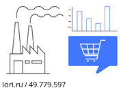Factory chimneys releasing smoke, adjacent bar chart, and blue shopping cart icon. Ideal for business analytics, e-commerce strategies, industrial analysis, market trends, supply chain management. Factory and Shopping Cart Illustration with Bar Chart Representing E-commerce and Industry Analytics. Стоковая иллюстрация, агентство Ingram Publishing / Фотобанк Лори