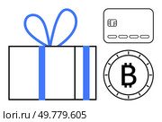 Gift box with blue ribbon, credit card, and Bitcoin symbol. Ideal for e-commerce, digital payments, online shopping, cryptocurrency, gifting, financial transactions, holiday shopping. Line metaphor. Gift Box with Ribbon, Credit Card, and Bitcoin Icon Representing Modern Gifting and Payment Methods. Стоковая иллюстрация, агентство Ingram Publishing / Фотобанк Лори