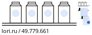 Four milk cartons on a production line. Quality inspection checklist with checkmark nearby. Ideal for food safety, quality assurance, dairy industry, production processes, and regulatory compliance. Quality Control and Verification of Dairy Products in Production Line. Стоковая иллюстрация, агентство Ingram Publishing / Фотобанк Лори