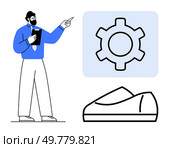 Businessman with clipboard pointing at gear and shoe prototype icons. Ideal for presentations, innovation, manufacturing, product development, business strategy, training, and instructional. Business professional presenting concepts of innovation and manufacturing with gear and prototype icons. Стоковая иллюстрация, агентство Ingram Publishing / Фотобанк Лори