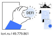Hand holding a DeFi button, mining pickaxes on a mountain, and a blockchain contract represent decentralized finance, cryptocurrency, blockchain technology, financial innovation, and digital. Hand Holding DeFi Button with Mining Pickaxes and Blockchain Contract Symbolizing Decentralized Finance. Стоковая иллюстрация, агентство Ingram Publishing / Фотобанк Лори