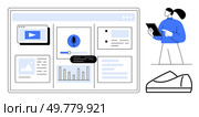 Various widgets on a screen include video, microphone, and chart, while a person stands with a tablet. Ideal for digital content creation, project management, analytics, web development, software UI. Screen display with multiple widgets and person using a tablet for digital content management. Стоковая иллюстрация, агентство Ingram Publishing / Фотобанк Лори
