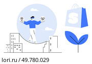 A person walks a tightrope above buildings while holding icons representing ideas and money. Nearby are a shopping bag and a plant. Ideal for business, innovation, sustainability, balance, and modern. Balancing Innovation and Success in Modern Business Settings with Sustainability Emphasis. Стоковая иллюстрация, агентство Ingram Publishing / Фотобанк Лори
