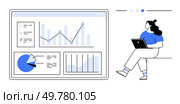 Female professional with laptop analyzing visual data on dashboard featuring pie charts, bar charts, line graphs, and analytics. Ideal for business analysis, data visualization, tech presentations. Female Analyst Working on Laptop Viewing Data Analytics Dashboard. Стоковая иллюстрация, агентство Ingram Publishing / Фотобанк Лори
