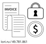 Invoice document, lock icon, and dollar sign representing financial security. Ideal for business transactions, finance management, payment security, invoicing, accounting, e-commerce secure. Financial Security and Invoice Management with Dollar Sign and Lock Symbol. Стоковая иллюстрация, агентство Ingram Publishing / Фотобанк Лори