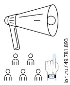 Megaphone projecting voice to six people, finger with health monitor. Ideal for communication, influence, health tech, feedback, digital outreach, public speaking, technology. Line metaphor. Megaphone Amplifying Message to Crowd, Digital Influence and Health Check Symbol. Стоковая иллюстрация, агентство Ingram Publishing / Фотобанк Лори