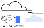 Hand extending towards black outlined cloud with blue-cuffed sleeve. Smaller blue cloud below. Ideal for creativity, ambition, success, goals, motivation, imagination perseverance. Line metaphor. Hand Reaching for Clouds in Minimalistic Style, Symbolizing Dreams and Aspirations. Стоковая иллюстрация, агентство Ingram Publishing / Фотобанк Лори