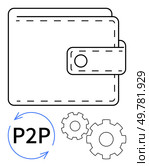 Wallet with button flap, P2P text inside arrows, and two interlocking gears. Ideal for financial services, digital transactions, online payments, banking systems, automation, fintech. P2P Wallet with Gear Mechanisms Highlighting Digital Transaction and Automation Concept. Стоковая иллюстрация, агентство Ingram Publishing / Фотобанк Лори