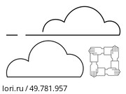 Two simplistic cloud outlines with a square formed by hands holding wrists, signifying unity and teamwork. Ideal for cloud computing, collaboration, network, support, teamwork, inclusivity. Minimalist Cloud Shapes with Hands in Unity Square Concept for Collaboration and Connectivity. Стоковая иллюстрация, агентство Ingram Publishing / Фотобанк Лори