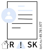 Home icon, document outline, user profile circle, warning triangle, text lines near RISK. Ideal for risk management, safety guidelines, home security insurance audits alerts education. Line. Home Risk Assessment Document with Warning Symbols and Personal Information Icon. Стоковая иллюстрация, агентство Ingram Publishing / Фотобанк Лори
