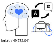 Brain with heart symbol, language translation arrows with letter A and Chinese character, and a briefcase. Ideal for mental health, communication, translation services, business travel, cognitive. Brain with Heart, Language Translation Symbols, and Briefcase Representing Cognitive and Communication Connection. Стоковая иллюстрация, агентство Ingram Publishing / Фотобанк Лори