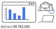 Graph with bars on monitor, briefcase, and laptop highlighting key business tools. Ideal for presentations, business reports, remote work, digital workspace, professional training, office setups. Business Analytics Display on Screen with Briefcase and Laptop Symbolizing Professional Environment. Стоковая иллюстрация, агентство Ingram Publishing / Фотобанк Лори