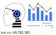 Human head with integrated gear symbolizing AI beside blue bar and line graph indicating data analysis. Ideal for technology, artificial intelligence, machine learning, data science, analytics. Human Head with Gear Next to Graph Representing Artificial Intelligence and Data Analysis. Стоковая иллюстрация, агентство Ingram Publishing / Фотобанк Лори