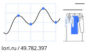 Wavy line graph with data points overlaying grid, closet with hanging shirts and pants. Ideal for business, fashion trends, retail analytics, market research, data visualization, seasonality. Trend Analysis Concept with Graph and Clothing to Represent Seasonal Fashion Changes. Стоковая иллюстрация, агентство Ingram Publishing / Фотобанк Лори