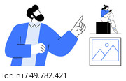 Large bearded person gestures, while a smaller person on a cube is engrossed with a phone and a framed picture of mountains and sun. Ideal for communication, technology, creativity, motivation. Large Person Gesturing to Engaged Smaller Person and Framed Picture with Mountains and Sun. Стоковая иллюстрация, агентство Ingram Publishing / Фотобанк Лори