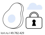 Minimalistic vector design featuring an avocado, lock, and cloud. Ideal for digital security, cloud technology, food, wellness, abstract concepts graphic design and minimalist themes. Line metaphor. Abstract representation of interchangeable objects, including avocado, lock, and cloud in minimalist style. Стоковая иллюстрация, агентство Ingram Publishing / Фотобанк Лори