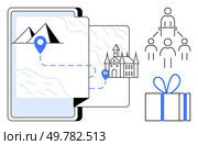 Digital map indicating route with location markers to mountains and castle, organizational hierarchy with five figures, and gift box. Ideal for navigation, adventure planning, organizational charts. Digital map with navigation route, organizational hierarchy, and gift box representing planning and coordination. Стоковая иллюстрация, агентство Ingram Publishing / Фотобанк Лори