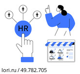 HR professional engaging with digital network and recruitment platform. Ideal for HR, recruitment, talent acquisition, professional networking, business management, corporate strategy, and employee. Human Resource Management Concept with Digital Recruitment and Network Connections. Стоковая иллюстрация, агентство Ingram Publishing / Фотобанк Лори