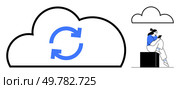 Large cloud with sync arrow icon, person using tablet, another smaller cloud. Ideal for cloud storage, data sync, technology, mobile access, remote work digital security. Modern line metaphor. Cloud Data Sync with User Accessing Information on Tablet and Large Sync Icon. Стоковая иллюстрация, агентство Ingram Publishing / Фотобанк Лори