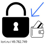 Lock and wallet with credit card under blue arrow signify financial security. Ideal for online transactions, data protection, identity safety, financial services, secure payments, anti-fraud. Secure Your Wallet and Credit Cards with Advanced Lock System for Maximum Protection. Стоковая иллюстрация, агентство Ingram Publishing / Фотобанк Лори