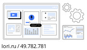 Digital dashboard with video player, microphone, charts, graphs, and data widgets. Two gears and a separate graph tablet. Ideal for analytics, business, tech, finance, marketing, presentations. Digital Dashboard with Analytical Widgets and Graphs for Business Insights. Стоковая иллюстрация, агентство Ingram Publishing / Фотобанк Лори