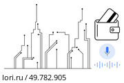 City skyline with circuit patterns, smart wallet holding a credit card, and a voice recognition icon. Ideal for smart cities, technology, fintech, digital payments, AI integration, mobile wallets. Illustrative city skyline with smart wallet, credit card, and voice recognition elements. Стоковая иллюстрация, агентство Ingram Publishing / Фотобанк Лори