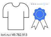 T-shirt outline with a blue quality certification badge and a rating scale. Ideal for product quality, apparel design, certifications, awards, branding, customer satisfaction, online reviews. Line. Quality T-Shirt Certification with Badge and Rating Scale in Minimalist Blue and White Design. Стоковая иллюстрация, агентство Ingram Publishing / Фотобанк Лори