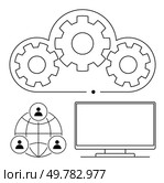 Cloud with gears representing cloud computing, network of interconnected people, and computer monitor. Ideal for technology, IT management, cloud services, data storage, collaboration, digital. Cloud Computing Concept with Gears, Network, and Monitor for Technology and Collaboration Themes. Стоковая иллюстрация, агентство Ingram Publishing / Фотобанк Лори