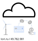 Cloud, wind turbine, credit card, hands, money coins for payment. Ideal for technology, finance, renewable energy eco-friendly cloud services digital transactions and futurism. Line metaphor. Cloud computing with wind energy, digital payment, financial transactions, and eco-friendly themes. Стоковая иллюстрация, агентство Ingram Publishing / Фотобанк Лори