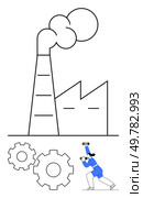 Factory building emitting smoke with gears and a worker using a hammer. Ideal for industrialization, manufacturing, production, labor force, automation, engineering, economic growth. Line metaphor. Factory with Smoking Chimney and Worker Operating Large Gear to Produce Goods. Стоковая иллюстрация, агентство Ingram Publishing / Фотобанк Лори