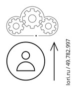 User icon below cloud with gears inside, representing cloud storage. Upward arrow indicates data upload or growth. Ideal for technology, cloud computing, data storage, user interfaces, IT services. Cloud Storage and User Data Integration with Upward Arrow Indicating Upload or Growth. Стоковая иллюстрация, агентство Ingram Publishing / Фотобанк Лори