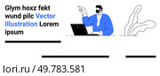Man in blue suit gesturing at laptop screen, alongside decorative plant. Ideal for corporate presentations, business websites, marketing materials, e-learning modules, tech blogs, newsletters. Business Professional Illustrating Presentation with Laptop and Plant Elements. Стоковая иллюстрация, агентство Ingram Publishing / Фотобанк Лори
