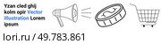 Megaphone loudspeaker projecting sound waves, coin with dollar symbol, and a shopping cart with text. Ideal for e-commerce, digital marketing, sales promotion, retail business, economics, financial. Megaphone Announcement, Coin, and Shopping Cart E-commerce and Marketing Concepts. Стоковая иллюстрация, агентство Ingram Publishing / Фотобанк Лори
