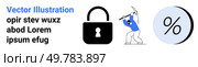 Lock with keyhole, man in blue hacking with pickaxe, large percentage symbol. Ideal for cybersecurity, data protection, hacking prevention, financial security, online safety, phishing alerts. Man hacking, locked padlock, large percentage, abstract background, cybersecurity and data breach concept. Стоковая иллюстрация, агентство Ingram Publishing / Фотобанк Лори