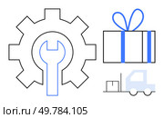 Gear with wrench inside, gift box with ribbon, and delivery truck with packages. Ideal for logistics, maintenance, delivery services, e-commerce, gift services, customer satisfaction process. Gear and wrench, gift box with ribbon, and delivery truck symbolizing efficiency and logistics. Стоковая иллюстрация, агентство Ingram Publishing / Фотобанк Лори
