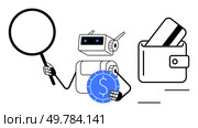 Robot holding magnifying glass and coin beside a wallet with credit card. Ideal for finance, technology, AI, banking, digital transactions, savings, and investment concepts. Line metaphor. Robot with magnifying glass and coin next to wallet holding a credit card emphasizes financial analysis. Стоковая иллюстрация, агентство Ingram Publishing / Фотобанк Лори