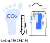 Footprint with CO2, downward arrow, clothing rack, cloud above. Ideal for sustainability, fashion industry, climate action, eco-conscious choices, environmental awareness pollution reduction green. Reducing Carbon Footprint in Fashion Industry Through Eco-Friendly Clothing Practices. Стоковая иллюстрация, агентство Ingram Publishing / Фотобанк Лори