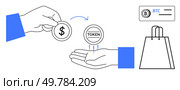 Two hands exchanging dollar coin for token, with Bitcoin card and shopping bag nearby. Ideal for cryptocurrency, e-commerce, investments, fintech, digital transactions, tokenization blockchain. Line. Dollar Coin Exchanging for Token in Hand with Bitcoin Card and Shopping Bag. Стоковая иллюстрация, агентство Ingram Publishing / Фотобанк Лори
