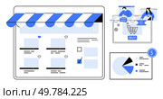Online store interface with product listings, customers shopping, and analytics dashboard displaying charts. Ideal for e-commerce, retail, online shopping, digital marketing, customer retention, data. E-commerce Shopping with Analytics Dashboard and Loyalty Program Visuals. Стоковая иллюстрация, агентство Ingram Publishing / Фотобанк Лори