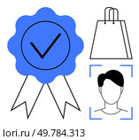 Blue ribbon with check mark, simple shopping bag, faceless head inside focus frame. Ideal for shopping, certification, e-commerce, product quality, user identification branding authentication. Line. Blue quality badge with check mark, simple shopping bag, and faceless head in focus frame. Стоковая иллюстрация, агентство Ingram Publishing / Фотобанк Лори