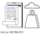 Digital tablet showing a signed contract beside a shopping bag and cloud icon. Ideal for online business, e-commerce, legal agreements, digital storage, contract management, cloud services, retail. Digital Contract Agreement Displayed on Tablet with Shopping Bag and Cloud Icon. Стоковая иллюстрация, агентство Ingram Publishing / Фотобанк Лори